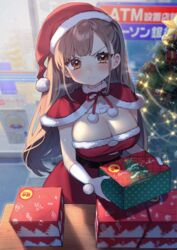  beads belt black_belt blurry blurry_background blush bow bowtie box breasts brown_hair capelet chibi_kyonyuu christmas christmas_lights christmas_ornaments christmas_present christmas_tree cleavage closed_mouth commentary_request cowboy_shot cursive depth_of_field dress elbow_gloves english_text female frown fur-trimmed_capelet fur-trimmed_dress fur-trimmed_headwear fur_trim gift gift_box gingerbread_man glint gloves hat highres holding holding_box kodama_(sakura_yuki) large_breasts light_particles long_hair looking_at_viewer orange_eyes pantyhose pom_pom_(clothes) red_bow red_bowtie red_capelet red_dress red_hat sakura_yuki_(clochette) santa_costume santa_dress santa_hat scowl shade shop sidelighting sidelocks sign solo standing star_(symbol) star_print straight_hair strapless strapless_dress table taut_clothes taut_dress tilted_headwear two_side_up v-shaped_eyebrows white_gloves wooden_table 