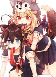  2girls animal_ears animal_hands arm_support bad_id bad_twitter_id biting black_cape black_ribbon black_serafuku black_shirt black_skirt black_socks blonde_hair blue_eyes blush breasts brown_hair cape commentary_request ear_biting gloves hair_between_eyes hair_flaps hair_ornament hair_over_shoulder hair_ribbon hairclip highres kantai_collection kazuhito_(1245ss) kemonomimi_mode kneehighs leaning_forward long_hair looking_at_viewer medium_breasts miniskirt mouth_hold multiple_girls neckerchief oerba_yun_fang paw_gloves pleated_skirt red_eyes red_neckerchief red_ribbon ribbon sailor_collar school_uniform serafuku shigure_(kancolle) shigure_kai_ni_(kancolle) shirt short_sleeves skirt socks tail tail_ornament tail_ribbon teeth v-shaped_eyebrows white_sailor_collar wolf_hood wolf_tail yuri yuudachi_(halloween_mode)_(kancolle) yuudachi_(kancolle) yuudachi_kai_ni_(kancolle) 