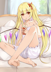  alternate_hair_length alternate_hairstyle bare_arms bare_legs bare_shoulders barefoot blonde_hair bloomers bow camisole collarbone commentary couch crystal cup drinking drinking_glass drinking_straw feet female flan_(seeyouflan) flandre_scarlet foot_focus foreshortening hair_between_eyes hairbow highres holding holding_cup indian_style indoors knee_up legs long_hair looking_at_viewer no_headwear photoshop_(medium) pillow red_bow red_eyes sitting soles solo spaghetti_strap strap_slip thighs toes touhou underwear very_long_hair white_bloomers wings 