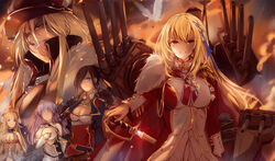  5girls ark_royal_(azur_lane) azur_lane bare_shoulders bismarck_(azur_lane) blonde_hair blue_eyes blue_ribbon breasts brown_hair cleavage commentary fur_trim hair_between_eyes hair_over_one_eye hair_ribbon hat high_collar highres jacket king_george_v_(azur_lane) large_breasts long_hair medal medium_hair multiple_girls peaked_cap red_jacket ribbon rigging rodney_(azur_lane) sheath shika_(shika0) sword unsheathing victorious_(azur_lane) weapon 