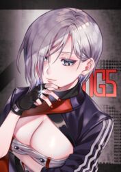  arm_support black_gloves blue_eyes breasts character_name cleavage closed_mouth expressionless female fingerless_gloves girls&#039;_frontline gloves grey_hair hair_between_eyes hand_on_own_chin highres jacket jewelry lips looking_away medium_breasts mg5_(girls&#039;_frontline) nail_polish purple_jacket red_nails ring shinima short_hair solo upper_body 