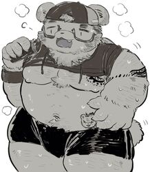  2021 anthro bear bodily_fluids bottomwear buta5kawa clothing eyewear glasses hat headgear headwear hi_res kemono male mammal moobs navel nipples overweight overweight_anthro overweight_male shirt shorts simple_background solo sweat topwear white_background 