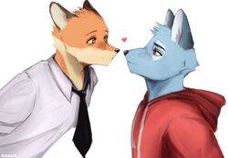  2022 anthro black_nose black_tie_(suit) blue_body blue_fur brown_eyes canid canine canis clothing duo eye_contact fox fur heart_symbol hoodie looking_at_another male mammal orange_body orange_fur ray_(vkontakte) red_clothing red_eyes red_hoodie red_topwear ron_(vkontakte) shirt simple_background smile suit szoch topwear vkontakte white_clothing white_shirt white_topwear wolf 