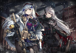  2girls ammunition_pouch assault_rifle black_choker black_gloves black_headwear black_pantyhose black_skirt blush cenangam choker clukay_(neural_cloud) evelyn_(neural_cloud) eyepatch girls&#039;_frontline girls&#039;_frontline_neural_cloud gloves green_eyes grey_hair gun h&amp;k_hk416 hat highres hk416_(girls&#039;_frontline) holding holding_gun holding_weapon jacket long_hair long_sleeves looking_at_viewer multiple_girls one_eye_covered pantyhose parted_lips pleated_skirt pouch rain red_eyes red_gloves rifle skirt smile teardrop_facial_mark torn_clothes torn_pantyhose weapon white_jacket 