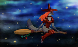  5:3 anthro breasts broom broom_riding brown_eyes canid canine claws cleaning_tool clothing colored_nails female flying_broom fox fur grey_body grey_fur hair hat headgear headwear jewelry legwear liramiraeta magic mammal nails necklace night orange_hair red_claws red_clothing red_fox red_hair red_jewelry red_legwear red_nail_polish red_nails red_necklace red_stockings side_boob silver_fox sitting_on_object solo stockings true_fox tykovka witch_costume witch_hat 