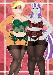  2021 anthro big_breasts breasts clothing cutie_mark duo equid equine female female/female friendship_is_magic hair hasbro hi_res horn horse jorge-the-wolfdog lagomorph legwear leporid lingerie looking_at_viewer mammal multicolored_hair my_little_pony mythological_creature mythological_equine mythology patricia_bunny pony rabbit simple_background smile stockings the_looney_tunes_show twilight_velvet_(mlp) unicorn warner_brothers 