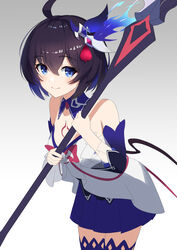  ahoge bare_shoulders blue_eyes blue_hair blue_thighhighs bob_cut closed_mouth dress female grey_background hair_ornament highres holding holding_scythe holding_weapon honkai_(series) honkai_impact_3rd kenjirohayamiti looking_at_viewer off-shoulder_dress off_shoulder scythe seele_vollerei seele_vollerei_(swallowtail_phantasm) short_hair smile solo tattoo thighhighs weapon white_dress white_sleeves 