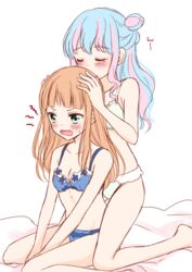  2girls :d ^_^ aikatsu!_(series) aikatsu_stars! bare_arms bare_legs bare_shoulders barefoot bed_sheet blue_bra blue_hair blue_panties blunt_bangs blush bra closed_eyes covered_mouth frilled_bra frilled_panties frills green_eyes green_panties hair_bun hair_down hair_over_shoulder hanazono_kirara hands_on_another&#039;s_head kneeling lace-trimmed_bra lace-trimmed_panties lace_trim light_blue_hair lingerie long_hair midriff multicolored_hair multiple_girls oerba_yun_fang on_bed open_mouth orange_hair panties pink_hair saotome_ako simple_background single_hair_bun sitting smelling smelling_hair smile stomach streaked_hair sweatdrop tiramisu651 tsundere twitter_username underwear underwear_only white_background yuri 