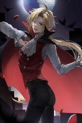  1boy :d absurdres ahoge ascot ass bat_(animal) belt black_cape black_nails black_pants black_ribbon blonde_hair brooch cape collared_cape collared_shirt cowboy_shot earrings falling_petals fangs fingernails frilled_sleeves frills full_moon green_eyes hair_between_eyes hand_on_own_chest heterochromia highres hugo_vlad jewelry long_hair long_sleeves looking_at_viewer low_ponytail male_focus monocle moon night open_mouth outdoors pants parted_bangs petals pointy_ears ponytail red_cape red_eyes red_vest ribbon rose_petals sharp_fingernails shiraki_(y_aira_srk) shirt sky smile solo standing star_(sky) starry_sky two-sided_cape two-sided_fabric vampire vampire_costume vest white_ascot white_shirt zenless_zone_zero 