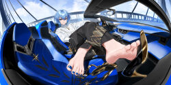  absurdres barefoot black_gloves black_pants blue_eyes blue_nails car car_interior convertible crossed_legs feet female foot_focus foreshortening fuann full_body gloves gold_trim hair_between_eyes high_heels highres holding_with_feet hololive hoshimachi_suisei hoshimachi_suisei_(spectra_of_nova) jewelry long_sleeves looking_at_viewer motor_vehicle nail_polish necklace outdoors pants parted_lips puffy_long_sleeves puffy_sleeves shirt shoe_dangle shoes short_hair soles solo toenail_polish toenails toes unworn_shoes vehicle_request virtual_youtuber white_shirt 