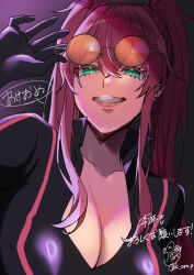  black_bodysuit bodysuit breasts collarbone duel_monster evil_twin_ki-sikil eyewear_on_head female green_eyes kaisen_pasta ki-sikil_(yu-gi-oh!) large_breasts long_hair orange-tinted_eyewear red_hair simple_background smile solo sunglasses tinted_eyewear translation_request twintails yu-gi-oh! 