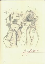  absurd_res alexworld_art anthro blush blush_lines candy canid canid_demon canine canon_x_oc demon dessert duo fan_character felid felid_demon female food hellaverse hellcat hellhound helluva_boss hi_res lollipop loona_(helluva_boss) male mammal monochrome mythological_canine mythological_creature mythology signature snow snowing winter_clothing 