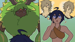  ahoge awestruck bikini bovid bovine clothing duo elemental_creature elgrove european_mythology fangs fascinated female flora_fauna gleepyglorp greek_mythology hair hair_between_eyes human leaf leaf_hair looking_at_another looking_down looking_up looming_over male mammal minotaur mythology one_eye_obstructed pal_(species) palworld plant plant_hair pocketpair pseudo_hair pseudo_horn red_nose remembering simple_background size_difference sparkles sparkling_eyes swimwear teeth thought_bubble two-piece_swimsuit wood wooden_antlers wooden_horn 