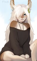  anthro blonde_hair bottomless bottomless_female breasts choker clothed clothed_female clothing colored digital_drawing_(artwork) digital_media_(artwork) ear_piercing ear_ring eyelashes female female_anthro front_view fur hair hair_over_eye hi_res jewelry lagomorph leporid long_hair looking_at_viewer mammal necklace off_shoulder one_eye_obstructed open_mouth piercing rabbit ring_piercing shaded sitting smile solo topwear 