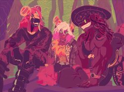  absurd_res anthro bat boots bottomwear canid canid_demon canine canis cigarette cigarette_in_mouth claws clock clothed clothing collar demon ear_piercing eyewear facial_piercing fishnet_clothing fishnet_topwear footwear forest fur glasses group hair hat headgear headwear hellhound hi_res jacket kangaroo leather leather_clothing leather_jacket leather_topwear long_hair looking_at_viewer lying macropod male mammal marsupial mythological_canine mythological_creature mythology neck_tuft nose_piercing nose_ring object_in_mouth on_back open_mouth pants piercing pinned plant ravios raxan_(xdarkspace) ring ring_piercing shirt shoes sitting smile smoking sombrero stoven_(xdarkspace) stovenfang sweater tail tank_top teeth tongue tongue_out topwear tree tuft turtleneck watch wolf 