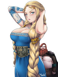  1boy 1girls aesir_(norse_mythology) beard blonde_hair blue_dress blue_eyes braided_hair breasts cleavage clothed clothed_female fat_man front_view fully_clothed god_of_war god_of_war_ragnarok long_hair looking_at_viewer massive_pink milf mother mythology norse_mythology ravenhart red_hair sapsavana sif_(god_of_war) tattoo tattooed_arm tattoos thor_(god_of_war) twitter_username white_background 