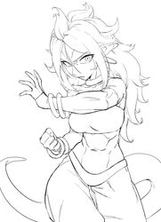  1girls abs android_21 angry_face arabian_clothes athletic_female belly_button bracelet dragon_ball dragon_ball_fighterz dragon_ball_z fit_female harem_outfit looking_at_viewer majin_android_21 monochrome muscular_arms muscular_female navel pointy_ears punch serious solo solo_female spiked_hair spiky_hair tail zquung 