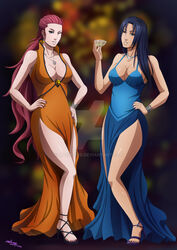  2015 2girls alternate_hairstyle black_hair bracelet breasts cleavage deviantart drink female female_only full_body fully_clothed glass heels high_heels holding_object long_hair mario-reg martini martini_glass mature mature_female milf multiple_girls nail_polish naruto naruto_(series) naruto_shippuden necklace no_bra red_hair revealing_clothes smile uchiha_mikoto uzumaki_kushina uzumaki_symbol very_long_hair watermark wink 