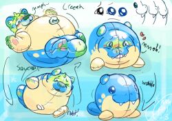  ambiguous_gender animate_inanimate anthro blue_body canid countershading feral fused_legs generation_3_pokemon green_body hi_res inanimate_transformation inflatable inflation inflation_valve living_inflatable loss_of_dexterity mammal memopemo nintendo nozzle nozzle_on_belly painted-on_face pokemon pokemon_(species) solo spheal spherification squeaking tan_body tan_countershading transformation wobbling 