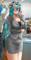  1boy 2girls bleach blonde_hair blue_hair breasts cleavage daraz18aka dark-skinned_female dark_skin facial_markings female fully_clothed glasses green_hair grimmjow_jaegerjaquez huge_breasts indoors light-skinned_female light_skin male nelliel_tu_odelschwanck office office_lady tia_harribel yellow_eyes 