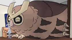  2023 absurd_res ambiguous_gender avian bird closed_beak closed_eyes cramped digital_media_(artwork) digital_painting_(artwork) duo extreme_size_difference female feral fluffy furniture generation_2_pokemon happy hi_res hug hugging_another human inside larger_ambiguous larger_feral lillie_(pokemon) lying macro mammal nacht_uil nintendo noctowl on_front owl painting_(artwork) pokemon pokemon_(species) room_filling size_difference smaller_female smaller_human smile sofa standing widescreen 