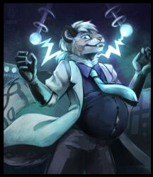  2025 anthro clothing coat collared_shirt digital_drawing_(artwork) digital_media_(artwork) electricity english_description felid fur gloves handwear hi_res lab_coat laboratory latex latex_clothing latex_gloves latex_handwear male mammal necktie pantherine pixelflare pregnant pregnant_anthro pregnant_male scientist shirt snow_leopard solo tekk_(confu5ed) topwear white_body white_fur 