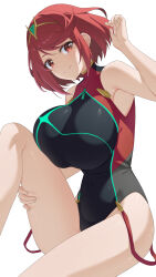  black_one-piece_swimsuit blush bob_cut breasts commentary earrings english_commentary female highres indoors jewelry large_breasts looking_at_viewer mzrz official_alternate_costume one-piece_swimsuit pyra_(pro_swimmer)_(xenoblade) pyra_(xenoblade) red_eyes red_hair red_one-piece_swimsuit short_hair sitting smile solo swimsuit tiara white_background xenoblade_chronicles_(series) xenoblade_chronicles_2 