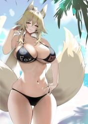  animal_ear_fluff animal_ears beach bikini black_bikini blonde_hair blue_sky blurry blurry_background blush breasts cleavage closed_mouth collarbone commission day female fox_ears fox_girl fox_tail hair_between_eyes hand_on_own_hip hand_up hareno_chiame highres large_breasts long_hair looking_at_viewer multiple_tails navel ocean original outdoors palm_tree ponytail pornhub skeb_commission sky solo suirin_(tukikagerou) swimsuit tail thighs tree yellow_eyes 