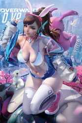  1girls 2d asian asian_female bikini breasts brown_eyes brown_hair bunny_ears d.va facial_markings female female_only fully_clothed hana_song huge_breasts kneeling korean_female large_breasts light-skinned_female light_skin long_hair overwatch sakimichan solo thick_thighs wide_hips 