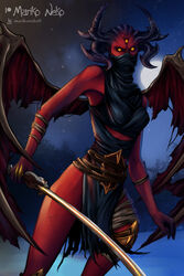  2d demon female hell hellsinger horns marikoneko marikoneko0 metal:_hellsinger rags red-skinned_female red_skin slim slim_waist sword three_eyes unknown_(metal:_hellsinger) wings yellow_eyes 