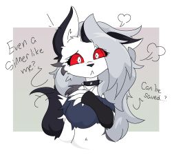  2025 anthro belly black_body black_fur canid canid_demon canine clothing collar crop_top demon dialogue digital_drawing_(artwork) digital_media_(artwork) english_description english_text female fur grey_hair guzzlord420 hair hellaverse hellhound helluva_boss hi_res long_hair looking_at_viewer loona_(helluva_boss) mammal mythological_canine mythological_creature mythology navel red_sclera shirt solo spiked_collar spikes tail tail_motion tailwag text topwear white_body white_eyes white_fur 