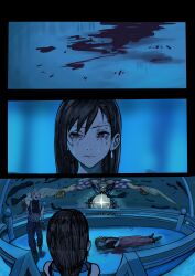  2boys 2girls absurdres aerith_gainsborough armor bare_shoulders black_gloves black_hair blonde_hair blood blood_on_ground blue_sweater blurry blurry_background bracelet chainsaw_man closed_mouth cloud_strife death dress earrings english_commentary eye_twitch final_fantasy final_fantasy_vii final_fantasy_vii_rebirth final_fantasy_vii_remake from_behind gloves highres hugo_artist jacket jewelry long_hair looking_at_another lying meme multiple_boys multiple_girls on_back open_mouth pants pink_dress red_eyes red_jacket reze&#039;s_eye_twitch_(chainsaw_man) sephiroth sephiroth_reborn shoulder_armor single_bare_shoulder single_earring sleeveless sleeveless_turtleneck spiked_hair spoilers standing suspenders sweater t-pose tank_top tifa_lockhart turtleneck turtleneck_sweater v wet wet_hair white_tank_top 