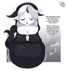  2025 anthro belly big_belly black_body black_fur canid canid_demon canine cross demon digital_drawing_(artwork) digital_media_(artwork) english_description english_text female fur grey_hair guzzlord420 hair hellaverse hellhound helluva_boss hi_res huge_belly hyper hyper_belly hyper_pregnancy inverted_cross loona_(helluva_boss) mammal mythological_canine mythological_creature mythology navel nun_outfit outie_navel pregnant pregnant_anthro pregnant_female red_sclera solo text white_body white_eyes white_fur 