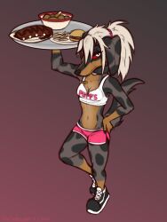  2025 3:4 accessory anthro belly blonde_hair blush body_blush bottomwear breasts burger canid canid_demon canine canis chicken_meat clothing collar crop_top dachshund dansharkman demon digital_drawing_(artwork) digital_media_(artwork) domestic_dog english_description english_text female floppy_ears food footwear fries gloves_(marking) hair hair_accessory hair_tie hellhound hi_res hooters hooters_uniform hotpants hunting_dog hybrid leg_markings looking_at_viewer mammal markings meat mythological_canine mythological_creature mythology name_tag navel pepper_(dansharkman) pupils red_sclera ribs_(food) serving_tray shirt shoes shorts slit_pupils sneakers socks_(marking) solo tank_top text tied_hair topwear waiter waitress_uniform white_eyes 