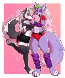  absurd_res anthro blush canid canid_demon canine canis closed_eyes demon female five_nights_at_freddy&#039;s five_nights_at_freddy&#039;s:_security_breach freyana group hellaverse hellhound helluva_boss hi_res hug kirby kirby_(series) kissing loona_(helluva_boss) male mammal mythological_canine mythological_creature mythology nintendo one_leg_up pawpads raised_leg roxanne_wolf scottgames smile steel_wool_studios trio wolf 