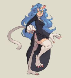  2022 4_toes 5_fingers absurd_res animal_humanoid blue_eyebrows blue_hair breasts capcom cat_humanoid claws clothed clothed_female clothed_humanoid clothing darkstalkers digital_drawing_(artwork) digital_media_(artwork) eyebrows feet felicia_(darkstalkers) felid felid_humanoid feline feline_humanoid female female_humanoid finger_claws fingers full-length_portrait fur hair hi_res humanoid karu184 mammal mammal_humanoid mouth_closed nun_outfit portrait simple_background small_waist solo tail thick_thighs toe_claws toes white_body white_fur white_tail 