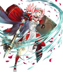  attack axe battle_axe blue_eyes bodysuit cape crown dress edelgard_von_hresvelg edelgard_von_hresvelg_(adrestian_emperor) edelgard_von_hresvelg_(adrestian_emperor)_(resplendent) edelgard_von_hresvelg_(timeskip) fake_horns feather_trim female fingerless_gloves fire_emblem fire_emblem:_three_houses fire_emblem_heroes gloves hair_rings highres holding holding_axe holding_shield horns insignia non-web_source official_alternate_costume official_art petals red_bodysuit red_cape red_gloves rose_petals running shield solo two-sided_cape two-sided_fabric weapon white_cape white_dress white_hair 