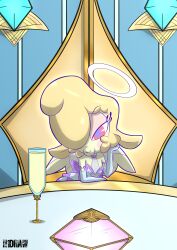  2025 absurd_res angel anthro arm_support armwear back_wings beverage blonde_hair bovid caprine cherub clothed clothing dress elbow_gloves eyebrows feathered_wings feathers female front_view gloves h1draw hair hair_over_eye halo handwear hellaverse helluva_boss hi_res inside keenie_(helluva_boss) leaning_on_elbow looking_at_viewer mammal red_eyes rosy_cheeks sheep sitting solo white_clothing white_dress white_gloves white_handwear wings yellow_body 