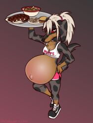  2025 3:4 accessory anthro belly belly_blush big_belly blonde_hair blush body_blush bottomwear breasts burger canid canid_demon canine canis chicken_meat clothing collar crop_top dachshund dansharkman demon digital_drawing_(artwork) digital_media_(artwork) domestic_dog english_description english_text female floppy_ears food footwear fries gloves_(marking) hair hair_accessory hair_tie hellhound hi_res hooters hooters_uniform hotpants huge_belly hunting_dog hybrid leg_markings looking_at_viewer mammal markings meat mythological_canine mythological_creature mythology name_tag navel outie_navel pepper_(dansharkman) pregnant pregnant_anthro pregnant_female pupils red_sclera ribs_(food) serving_tray shirt shoes shorts slit_pupils sneakers socks_(marking) solo tank_top text tied_hair topwear waiter waitress_uniform white_eyes 