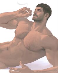  1boy abs armpit_hair armpit_hair_peek bara beard_stubble black_hair chris_redfield cigarette commentary completely_nude facial_hair from_side highres holding holding_cigarette large_pectorals looking_up male_focus mature_male muscular muscular_male navel nipples nude out-of-frame_censoring pectorals resident_evil short_hair shoya_nagi smoking sparse_chest_hair sparse_navel_hair stomach stubble 