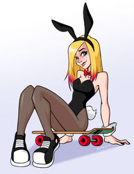  1girls blonde blonde_female blonde_hair bold-n-brash breasts bunny_ears bunny_outfit female female_only green_eyes light-skinned_female light_skin long_hair sk8r_girl_(bold-n-brash) skateboard skinny solo 