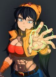  1girls abs android_22 attacking_viewer belly_button black_hair blue_eyes dragon_ball dragon_ball_z electricity energy fit_female imminent_attack incoming_attack large_breasts looking_at_viewer muscular_arms muscular_female navel oc original_character serious serious_look six_pack solo solo_female zquung 