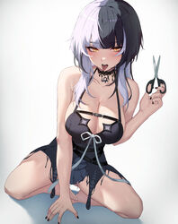  barefoot black_choker black_hair black_nails breasts choker cleavage elbow_gloves female gloves grey_hair highres holding holding_scissors hololive hololive_english large_breasts lessone looking_at_viewer multicolored_hair paid_reward_available scissors shiori_novella shiori_novella_(1st_costume) simple_background single_thighhigh solo split-color_hair striped_clothes striped_gloves thighhighs thighs tongue tongue_out virtual_youtuber white_background yellow_eyes 