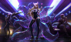  4girls ahri_(league_of_legends) akali animal_ears bare_shoulders blonde_hair bodysuit bracelet breasts brown_eyes choker cleavage evelynn_(league_of_legends) facial_mark finger_heart fox_ears fox_girl fox_tail hand_on_own_hip heart heart_choker high_heels idol jewelry k/da_(league_of_legends) k/da_ahri k/da_akali k/da_evelynn k/da_kai&#039;sa kai&#039;sa league_of_legends leotard lips lipstick long_hair looking_at_viewer makeup medium_breasts multiple_girls nail_polish official_alternate_costume official_art pink_nails red_lips swept_bangs tail thighhighs thighs whisker_markings 