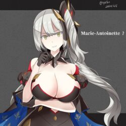  arm_under_breasts bare_shoulders black_dress black_gloves breasts character_name cleavage collarbone dark_persona dated dress fate/grand_order fate_(series) female gloves grey_hair hair_ornament hebitsukai-san highres large_breasts long_hair looking_at_viewer marie_antoinette_(alter)_(fate) marie_antoinette_(alter)_(third_ascension)_(fate) marie_antoinette_(fate) pale_skin smile very_long_hair yellow_eyes 