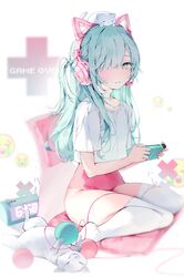  absurdres animal_ear_headphones animal_ears animal_on_head blush cat_ear_headphones cat_on_head clock crop_top cross crying crying_emoji emoji eyebrows_hidden_by_hair fake_animal_ears feline female game_over green_eyes green_hair hair_over_one_eye handheld_game_console headphones highres holding holding_handheld_game_console leotard leotard_under_clothes long_hair looking_at_viewer naizotan no_shoes on_head original pink_leotard shirt side_ponytail sitting solo t-shirt tears thighhighs thighs wariza white_shirt white_thighhighs 