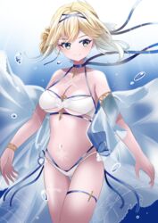  armlet azur_lane bad_id bad_pixiv_id bare_shoulders bikini blonde_hair blue_choker blue_ribbon blush bracelet breasts choker cleavage closed_mouth collarbone commentary cross cross_choker female green_eyes highres jeanne_d&#039;arc_(azur_lane) jeanne_d&#039;arc_(saintess_of_the_sea)_(azur_lane) jewelry large_breasts looking_to_the_side manjirou_(manji_illust) navel official_alternate_costume ribbon see-through smile swimsuit symbol-only_commentary thighs white_bikini 