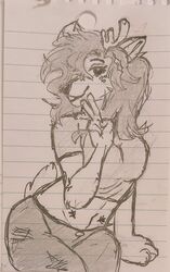  2023 anthro antlers bottomwear breasts clothed clothing deer eyebrows female fur gesture graphite_(artwork) greyscale hair hand_gesture horn ilex_(literaldeerirl) literaldeerirl long_hair looking_at_viewer mammal midriff monochrome new_world_deer notebook_paper_background pants pencil_(artwork) scut_tail shirt short_tail sitting smile solo tail topwear traditional_media_(artwork) trans_(lore) trans_woman_(lore) v_sign white-tailed_deer 