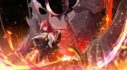  arknights bare_shoulders black_dress breasts chest_strap cleavage demon_girl demon_horns dress female hair_between_eyes highres horns jacket large_breasts long_hair long_sleeves off_shoulder purple_eyes red_hair smitcuk surtr&#039;s_golem_(arknights) surtr_(arknights) very_long_hair 