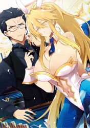  1boy agravain_(fate) ahoge animal_ears artoria_pendragon_(fate) artoria_pendragon_(swimsuit_ruler)_(fate) aunt_and_nephew bare_shoulders black_eyes black_hair black_vest blonde_hair blue_bow blue_bowtie blue_pantyhose bow bowtie braid breasts card cleavage clothing_cutout constricted_pupils detached_collar fate/grand_order fate_(series) feather_boa female fishnet_pantyhose fishnets formal french_braid glasses green_eyes hair_between_eyes headset highleg highleg_leotard highres large_breasts leotard long_hair looking_at_viewer navel navel_cutout nogi_(acclima) open_mouth pantyhose playboy_bunny poker_chip poker_table ponytail rabbit_ears short_hair sidelocks suit table thighs tiara vest white_leotard wrist_cuffs 